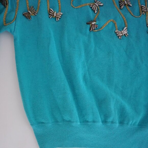 Vintage Cervelle Embellished Turquoise Knit Sweater Bead Butterfly L Whimsygoth - Picture 6 of 11